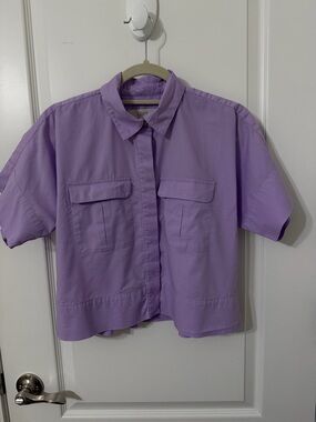 LOFT Lilac Cropped Collared Button-Up Shirt